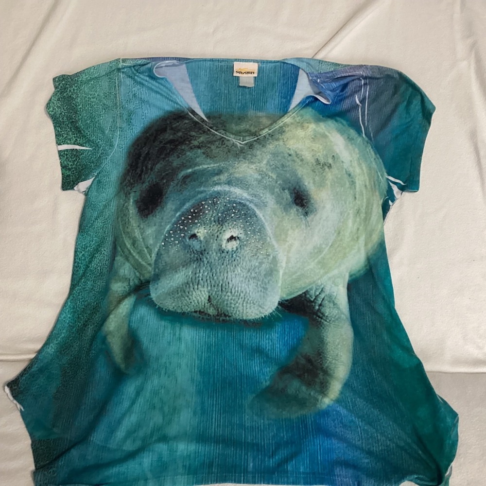 Sunshirt Womens Blue Manatee Graphic Tee Rhinestone V-Neck Short Sleeve Top L